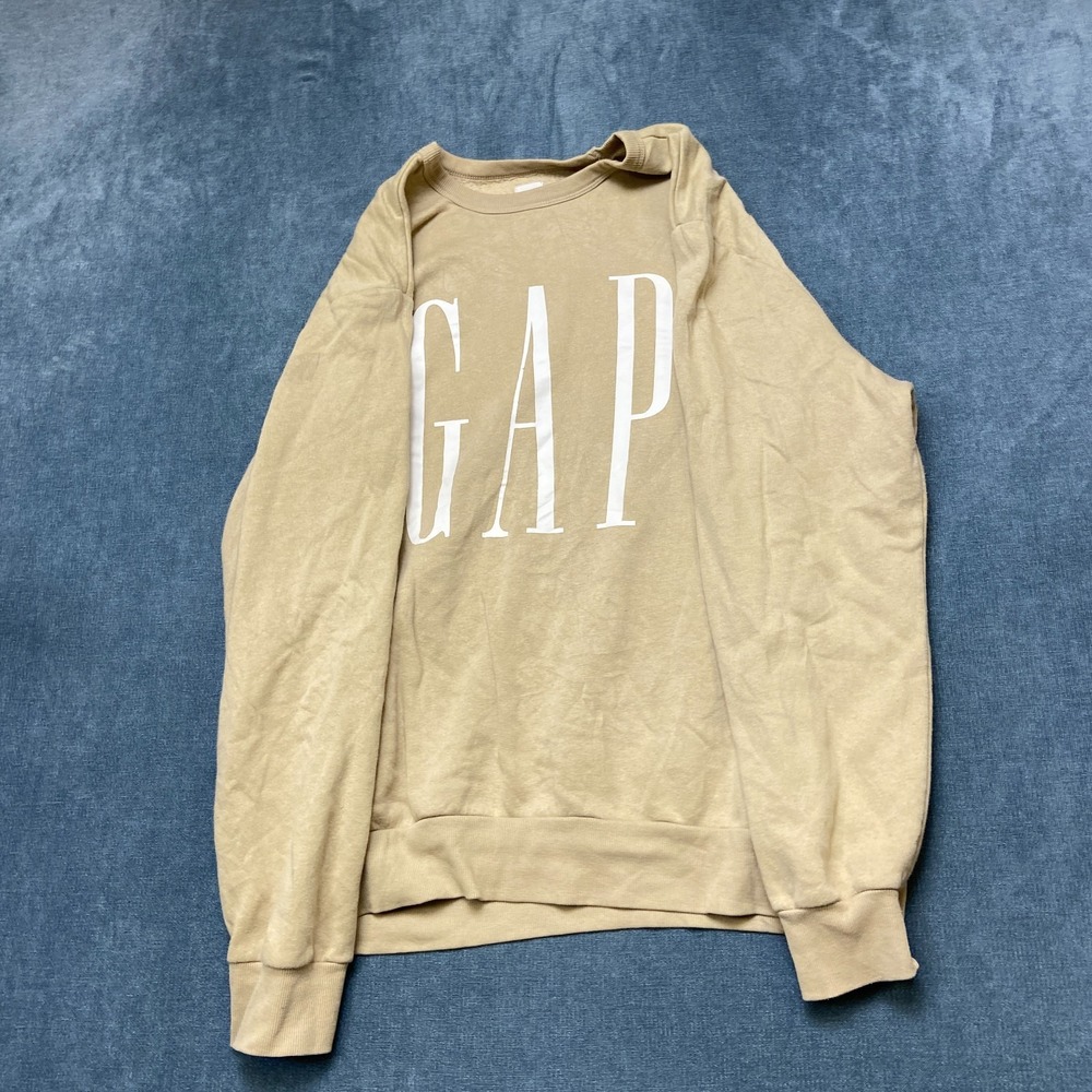 GAP Fleece Sweatshirt Mens XL Beige Cotton Blend Graphic Long Sleeve Pullover